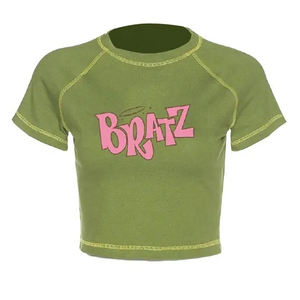 Camiseta Corta Ajustada para Mujer, Cuello Redondo, Manga Corta, Diseño con Letras Estampadas, Informal, Transpirable, Verano, Blanca, Poliéster/Algodón - Product Image 6