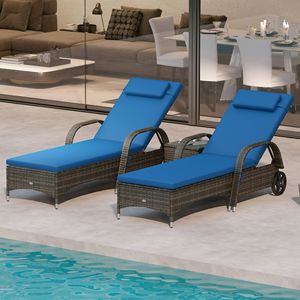 Set di 2 Chaise Longue da Esterno in Vimini con Tavolino, Cuscini Blu, Poggiatesta, Telaio in Alluminio, Schienale Regolabile, Ruote, Materiale PE - Product Image 2