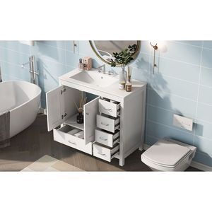 Mobile Bagno Bianco da 36 Pollici con Ampio Spazio di Archiviazione, Armadietto a 2 Ante con Chiusura Ammortizzata e 5 Cassetti, con Lavabo in Ceramica Integrato - Product Image 4