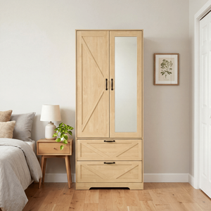 Armadio in Legno a 2 Ante per Camera da Letto con Asta Appendiabiti Interna e 2 Cassetti per Organizzazione e Stoccaggio - Product Image 2