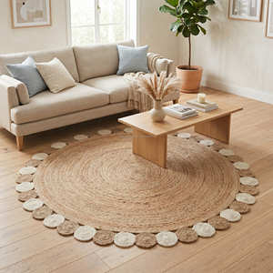 Tapis rond en jute tissé à la main avec pompons verts pour un style bohème, rustique et boutique - Product Image 2