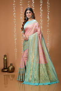AARA Fashion Sari indien traditionnel en soie PINK PARI-400 Rose Turquoise avec broderie Zari, protection solaire, pour occasions de mariage, pour femme, longueur au sol - Product Image 4