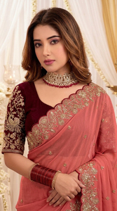 AARA Fashion Elegant Coral Silk <b>Saree</b> Gold Embroidery <b>Maroon</b> Blouse for Wedding Occasion Women Traditional Wear Sun Protection - Product Image 4