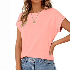 Women's <b>Coral</b> Crew Neck Short Sleeve T-Shirt Loose Fit Casual Knitted <b>Top</b> Solid Color Spring Summer Wear - Product Image 1