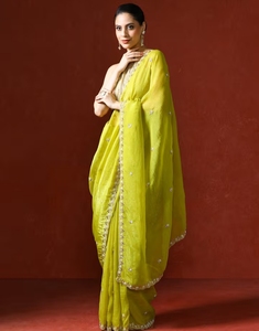 KV Green Embellished <b>Satin</b> Silk Beads and Stones <b>Saree</b> With Unstitched Blouse - Product Image 3