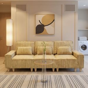 Divano Moderno Comfort a 3 Posti in Corduroy Giallo con Seduta Profonda, Portabicchieri in Acciaio Inox Spazzolato, 3 Cuscini Decorativi, Design Componibile - Product Image 2