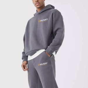 Ensemble de survêtement en polaire gris uni à capuche pour homme Husky, sweat-shirt et pantalon long en polyester avec logo imprimé, vêtements décontractés d'hiver - Product Image 5