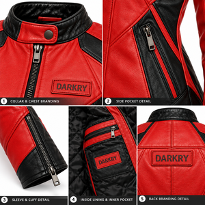 เสื้อแจ็คเก็ตหนังสีแดงสำหรับผู้หญิง แต่งสีดำแบบ Color Block สไตล์ Biker Racer ทรงเข้ารูป คอตั้ง แขนเสื้อแบบซิป  แบบสั่งทำพิเศษ  เสื้อคลุมสำหรับขี่มอเตอร์ไซค์ - Product Image 6