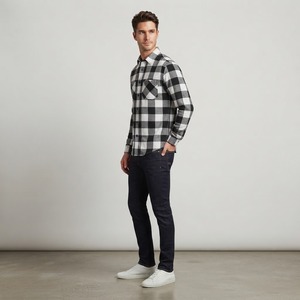 <b>Men's</b> Black White Plaid Full Sleeve Casual <b>Shirt</b> Button Down Collar 100% Cotton Breathable Autumn Woven <b>Flannel</b> <b>Shirts</b> - Product Image 6