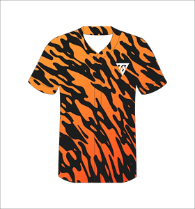 Camiseta de Béisbol Personalizada para Hombre, Naranja y Negra con Estampado de Camuflaje, Manga Corta, Sublimada, de Secado Rápido, Poliéster, Cuello en V, Corte Regular - Product Image 5