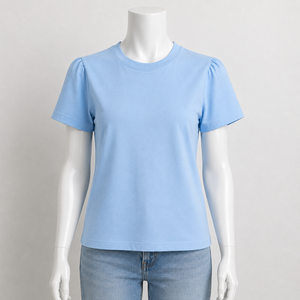 Camiseta de Cuello Redondo Azul Claro para Mujer, Manga Abullonada, Color Sólido, Informal, Tejida, Transpirable, Primavera Verano, Corte Regular - Product Image 4