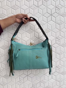 Western Pattern Cowhide Leather Fringe Handmade Turquoise <b>Colour</b> Shoulder <b>Bag</b> Boho Fashion Hand Tooling Women's Zipper Closure - Product Image 3