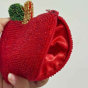 New model Beaded Apple Coin <b>Purse</b> Handmade Creative Fruit Pattern Apple Shape <b>Red</b> Beadwork Small Zipper Pouch with Leaf Design - Product Image 3