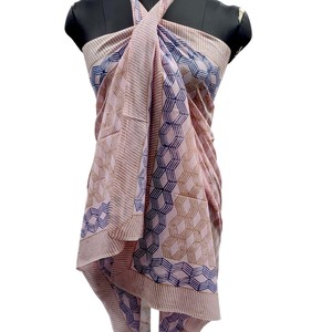 Women’s Cotton Blue Floral Block Print Sarong <b>Beach</b> <b>Wrap</b> Lightweight Pareo Swim Cover Up Shawl - Product Image 1