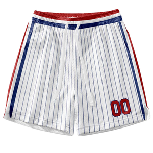 Ensemble uniforme de basketball rétro personnalisé à rayures blanches avec bordures rouges et bleues, maillot et short, design rétro avec nom et numéro d'équipe - Product Image 5