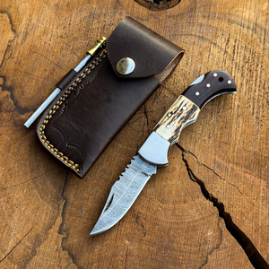 Damascus Steel OEM Handmade Back Lock Folding Multi-Functional Outdoor Hunting <b>Knife</b> Clip Point Blade Stag Horn Rosewood <b>Handle</b> - Product Image 1