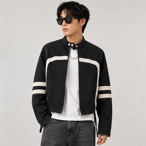 Custom Unisex Motorcycle <b>Racing</b> <b>Jacket</b> – Men’s & Women’s Vintage Moto Streetwear <b>Jacket</b> with Contrast Stripes and Zip Pockets - Product Image 1