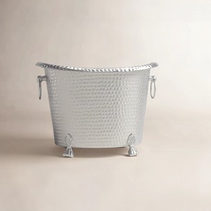 Vintage Hammered Metal <b>Ice</b> Bucket Boat Shape Silver Beverage <b>Cooler</b> Tub with Ring Handles - Product Image 5