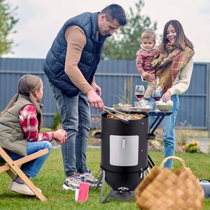 Heavy-Duty Three Layer Vertical Steel Charcoal Smoker BLACK Outdoor Cooking <b>BBQ</b> Grill Smokey Mountain Cooker - Product Image 6
