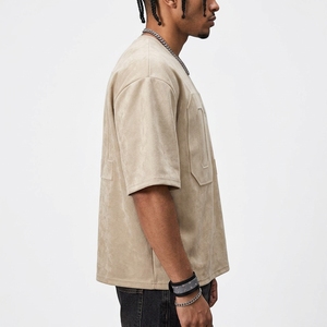 Camiseta de manga corta oversize para hombre, cuello redondo, color sólido, estilo casual, tejido de punto, estilo streetwear, beige, con relieve 3D. - Product Image 1