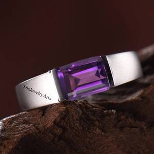 Anillo de Compromiso de Oro Rosa de 14K con Gema Púrpura Delicada, Anillo de Amatista con Corte Esmeralda Natural para Mujer, Joyería de Promesa Solitaria, Regalo - Product Image 5