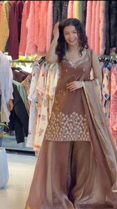 <b>Rust</b> orange fandy satin silk plazzo suit with multi thread sequence embroidery v neck <b>top</b> pant dupatta lace border party wear - Product Image 1