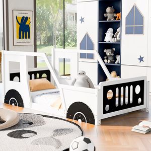Letto a piattaforma a forma di auto d'epoca, singolo, con ruote, bianco - Letti per bambini - Product Image 2