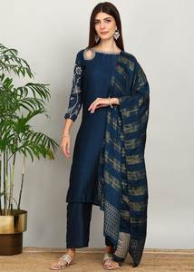 Conjunto de Top y Pantalón Bordados en Seda Vichitra con Dupatta con Trabajo Jari, Elegante Traje Étnico de Tres Piezas para Mujer, Largo de 45 Pulgadas - Product Image 3