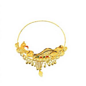 Anneau de nez en or massif 22 carats, bijou de mariage traditionnel indien, design Nath motif paon floral émaillé, grande taille, fil de piercing - Product Image 1