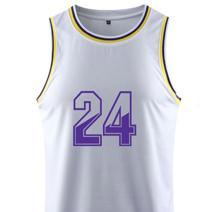 Camiseta de baloncesto blanca con número 24, ribete morado y amarillo, ropa deportiva unisex sin mangas que absorbe la humedad - Product Image 4