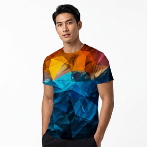 T-shirt en tricot à manches courtes pour homme, motif géométrique, impression numérique, col rond, style formel, 100% polyester, coupe régulière - Product Image 2