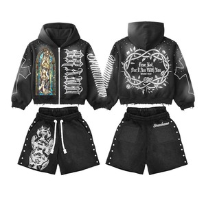 US Free Tax Custom Streetwear Vintage French Terry <b>Cropped</b> Acid Wash <b>Zip</b> <b>up</b> Distressed Rhinestone Sweat Short and Hoodie Set - Product Image 1