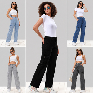 Pantalones vaqueros cargo de cintura media para mujer, con bordado floral, lavado desgastado, estilo bohemio, venta al por mayor de excedentes de ropa. - Product Image 4