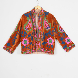 Veste d'hiver en velours tricoté avec chaîne brodée, écologique, réversible, matelassée, doublure florale en coton, col rond, manches classiques - Product Image 2
