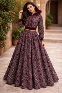 Conjunto de Lehenga Choli con Capucha y Estampado Ajrak Personalizado, con Piel Sintética y Espejo Real, para Mujer, Ropa India y Pakistaní para Fiestas, Todas las Temporadas - Product Image 2