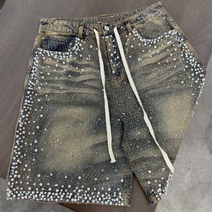 Jorts Manufacturer Custom Embroidery Rhinestone <b>Applique</b> Distressed Streetwear Acid Wash Solid Hip Hop Men Mid Baggy Denim - Product Image 1