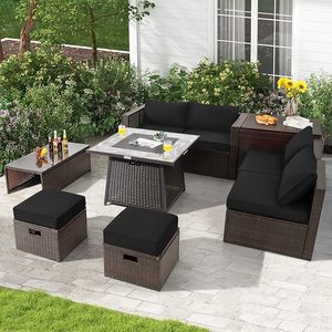 Elegante Conjunto de Muebles de Mimbre para Exteriores con Mesa para Fogata y Asientos Acolchados Grises Cómodos, Caja de Almacenamiento Lateral Funcional - Product Image 6