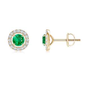 Boucles d'oreilles clous émeraude verte en or jaune 14 carats avec diamants halo et sertissage minimaliste à griffes, bijou de mariage, cadeau pour fiancée - Product Image 1