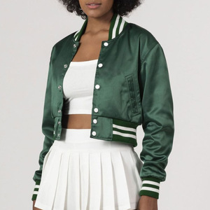 Women's Green Satin Varsity Jacket Cropped Full Sleeve <b>Single</b> Button Closure <b>Quilted</b> Cotton-Filled 100% Wool Towel Embroidery - Product Image 2