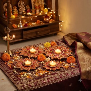 Ensemble de porte-diya en bois, design floral de lotus décoratif traditionnel, fait main, écologique, durable, pour Deepawali, Laxmi Pooja, mariage - Product Image 3