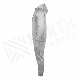 Ensemble de survêtement gris à capuche pour homme, fermeture éclair intégrale, couleur unie, vêtements de sport décontractés avec poches latérales, matière polyester respirante - Product Image 3