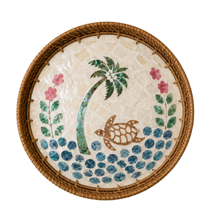 Stunning Round Rattan Mother of Pearl Serving <b>Tray</b> Turtle Pattern Elegant Coffee Table Beverage Storage <b>Basket</b> Wholesale - Product Image 1