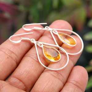 Handmade 925 Sterling Silver Citrine Earring <b>Yellow</b> Colour Pear Shape Gemstone Bezel Jewelry - Product Image 3