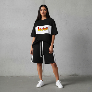 Ensemble 2 pièces streetwear pour femme, t-shirt oversize noir et blanc à imprimé flamme avec short assorti coupe ample, printemps-été - Product Image 1