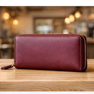 Maroon Genuine Leather Long <b>Wallet</b> Zipper Purse Large Capacity Card Holder for Daily Use - Product Image 2