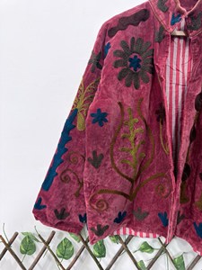 <b>Women</b> Pink <b>Velvet</b> Floral Embroidered Suzani <b>Jacket</b> Full Sleeve Stand Collar Handmade Bohemian Winter Outerwear - Product Image 3
