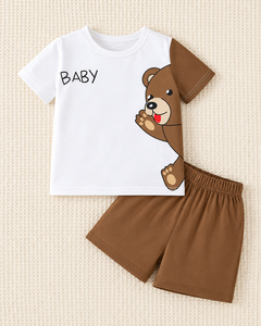 Conjunto de 2 piezas de verano para bebés, camiseta de manga corta con estampado de oso de dibujos animados y pantalones cortos - Product Image 5