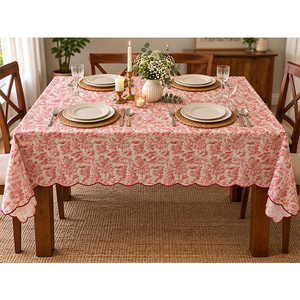 Nappe en lin de qualité supérieure avec imprimé toile rouge vintage et bord festonné – Housse de table décorative pour la maison, le restaurant - Product Image 1