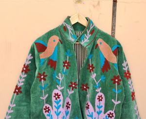Premium Green Velvet Floral <b>Embroidered</b> Suzani <b>Jacket</b> With Bird Cactus Pattern Full Sleeve Stand Collar Boho <b>Women</b> Winter Coat - Product Image 2