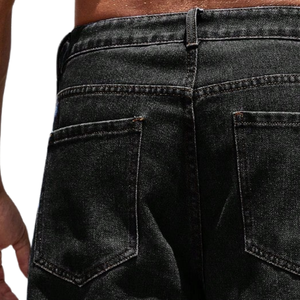Jean cargo en denim noir uni délavé pour homme, coupe droite à jambe large, multi-poches, en coton, style décontracté, pantalon utilitaire classique - Product Image 4